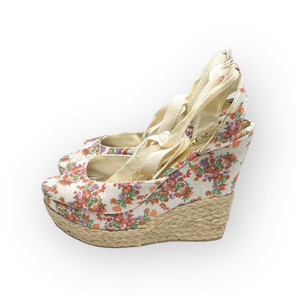 new Sergio Zelcer ❀ Platform Ankle Wrap Floral Print Sandal Espadrilles ❀ Cream - Picture 6 of 16